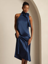 [Tummansininen] SilkSilky-FI Sleeveless Tie Neck Mekko 007
