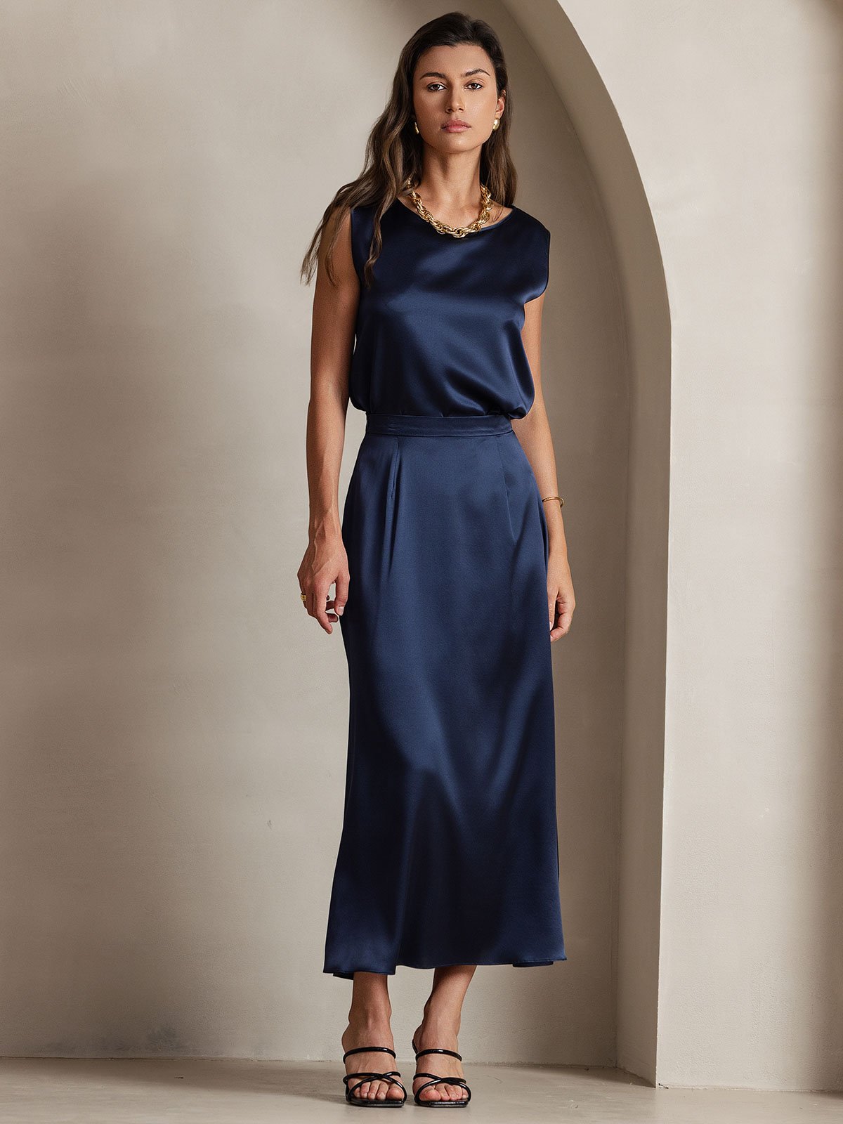 [Tummansininen] SilkSilky-FI 19Momme Skirt 006