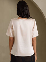 [Beige] SilkSilky-FI Short Sleeve Cowl Neck Naisten Puserot 002
