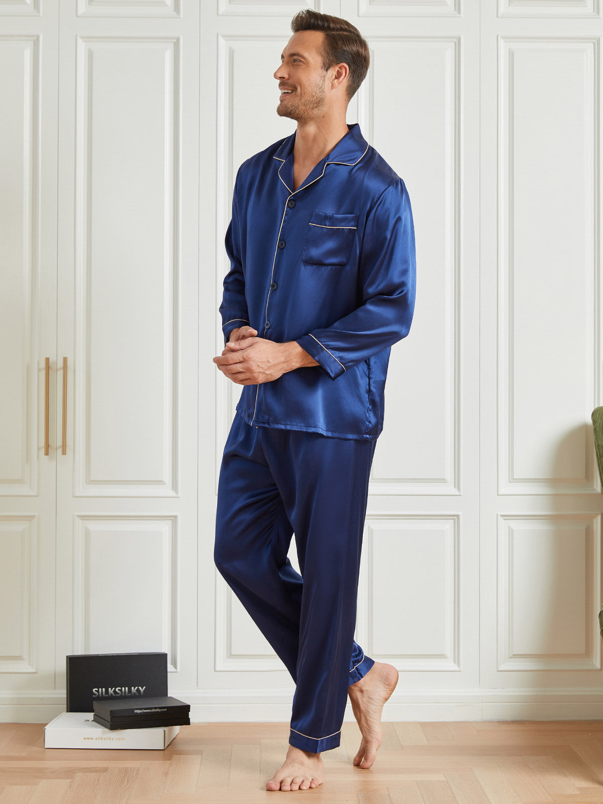 [Tummansininen] SilkSilky-FI 19Momme Mens Pajamas 002