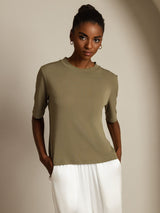 [Poltettu Oliivi] SilkSilky-FI Half Sleeve Crew Neck Naisten T-paita 003