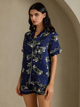 [Laivastonsininen Leijona] SilkSilky-FI Short Sleeve Notch Collar Naisten Pyjamat 003
