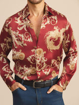 [Viininpunainen Lohikäärme] SilkSilky-FI Long Sleeve Lapel Collar Miesten Paita 004