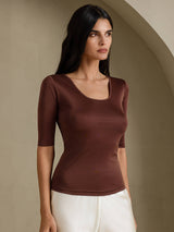 [Kahvi] SilkSilky-FI Half Sleeve Naisten T-paita 001