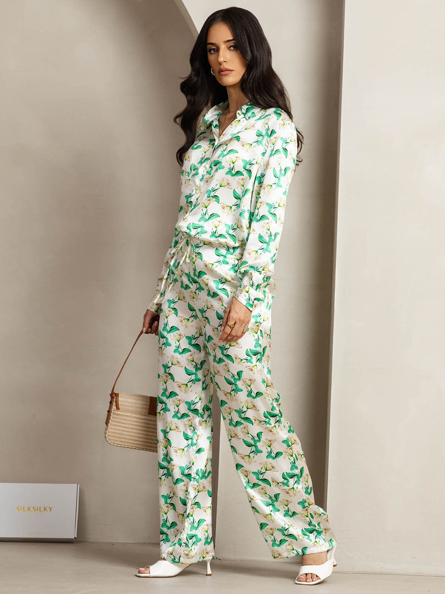 [VihreäKukka] SilkSilky-FI 19Momme Lapel Collar Women''s Outfit Sets 003