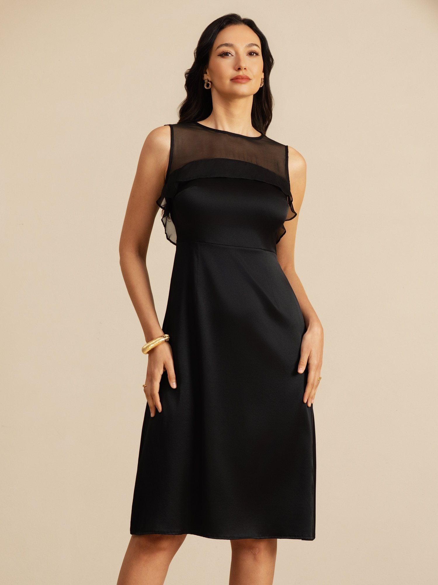 [Musta] SilkSilky-FI 19Momme Sleeveless Illusion Neck Mekko 004