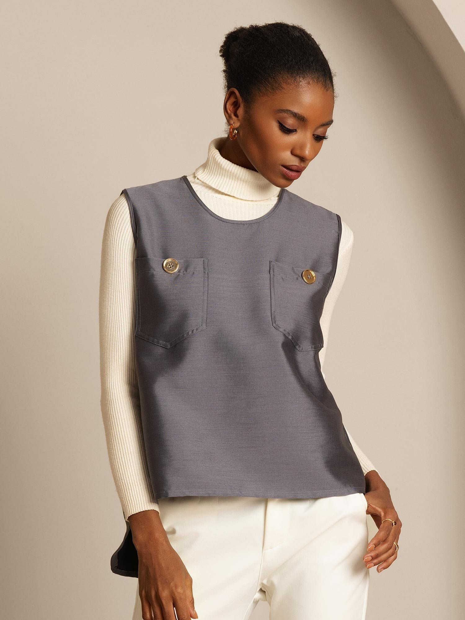 [Harmaa] SilkSilky-FI 32Momme Silk-Wool Blend Womens Vest 006,