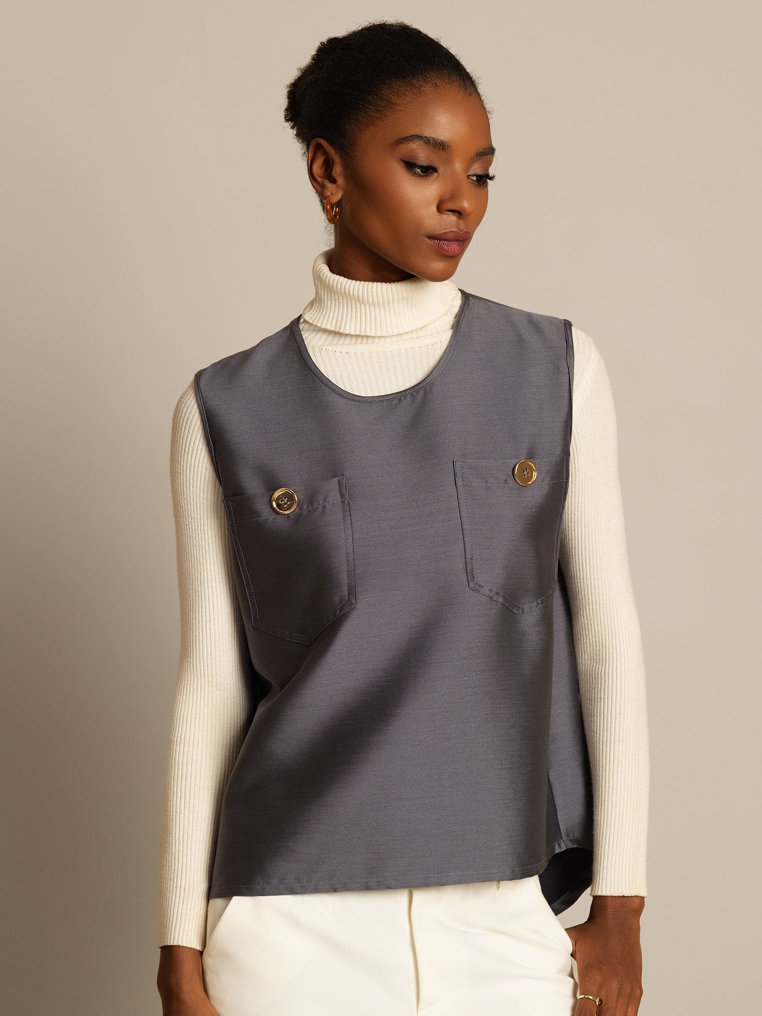 [Harmaa] SilkSilky-FI 32Momme Silk-Wool Blend Womens Vest 004,