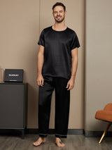 [Musta] SilkSilky-FI Pure Silk Short Sleeve Round Neck Miesten Pyjamat 001