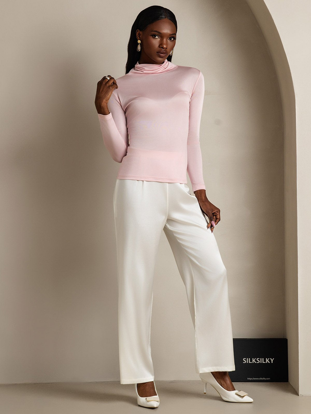 [Korallinpunainen] SilkSilky-FI Silk Long Sleeve Womens T-Shirt 007