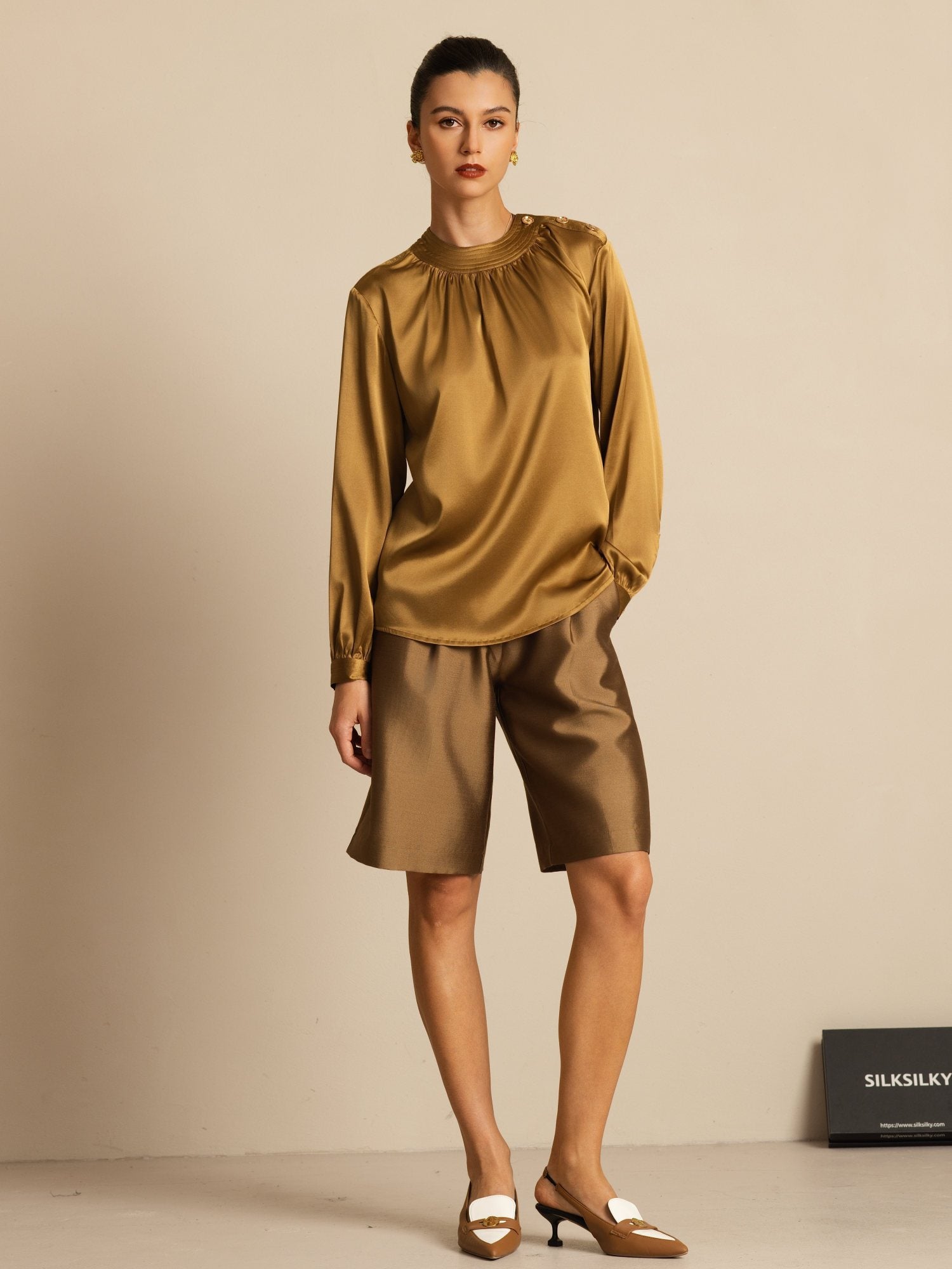 [Pronssi] SilkSilky-FI 19Momme Silkki Pitkähihainen Pyöreä Pääntie Pusero 006