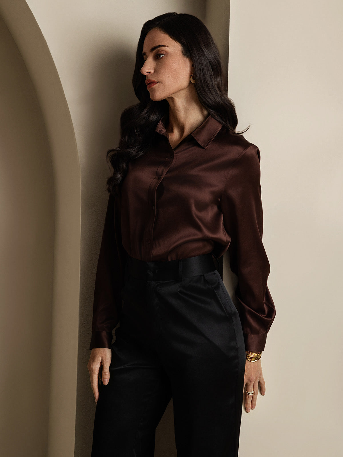 [Kahvi] SilkSilky-FI 19Momme Silk Long Sleeve Collar Naisten paita 006