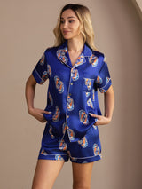 [Laivastonsininen Merihevonen] SilkSilky-FI Short Sleeve Lapel Collar Naisten Pyjamat 004