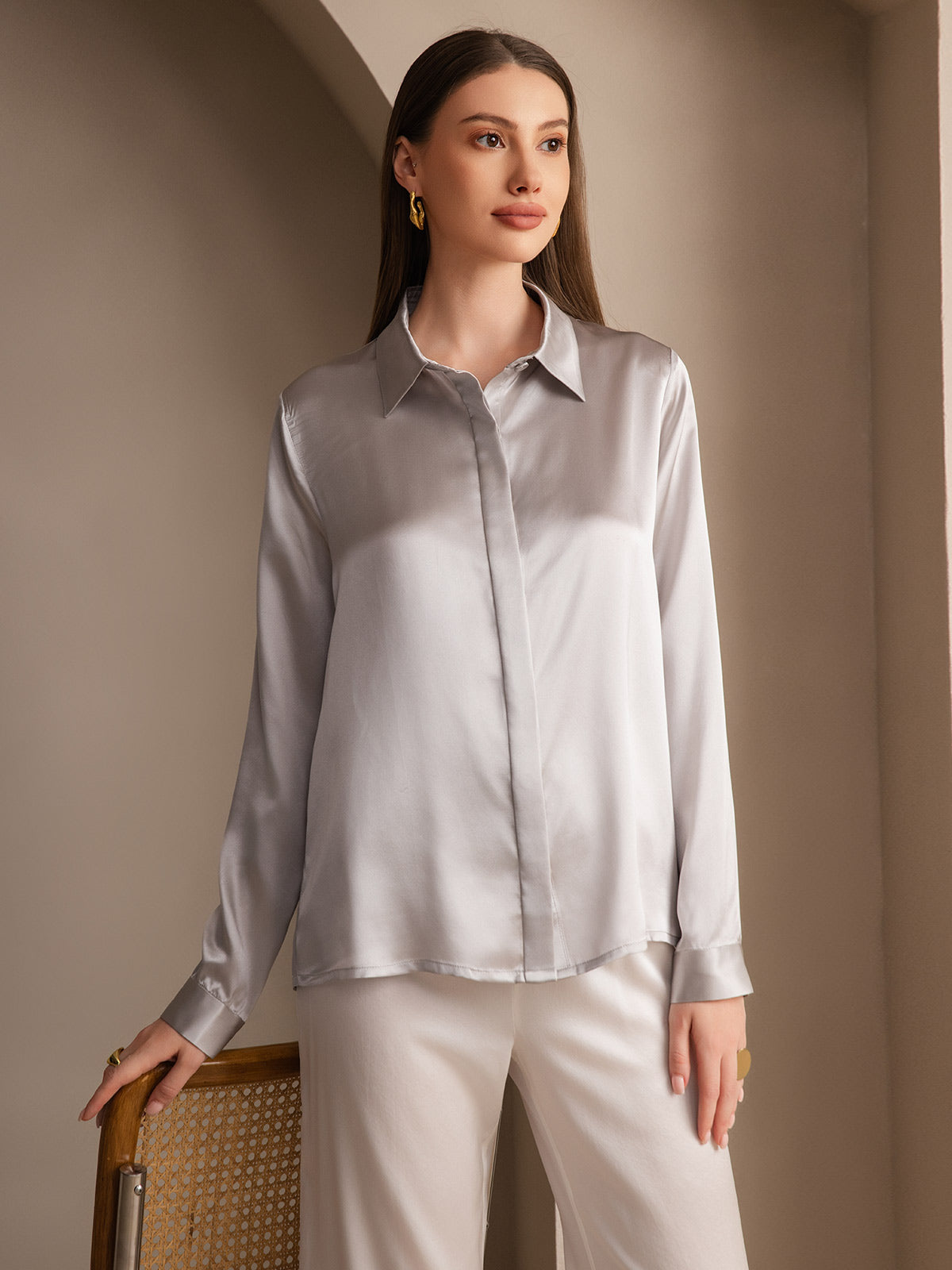 [Vaalean Harmaa] SilkSilky-FI 19Momme Lapel Collar Naisten paita 001