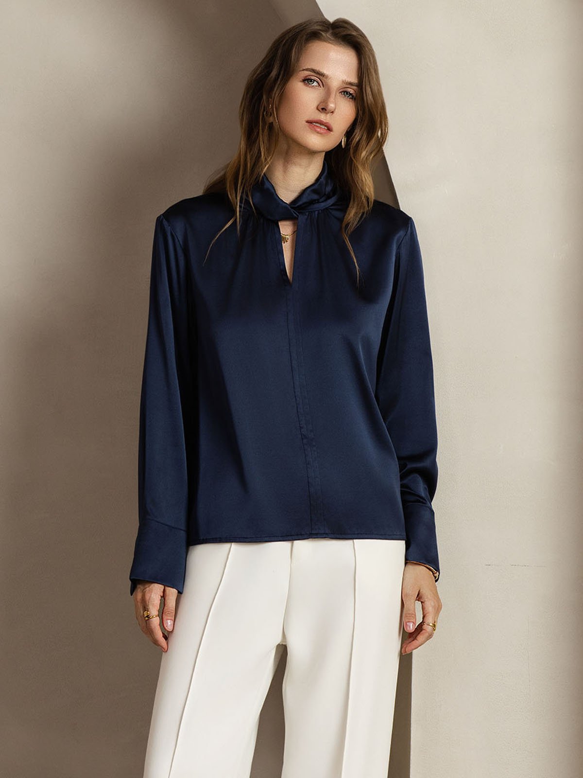 [Tummansininen] SilkSilky-FI 19Momme Womens Shirt 005