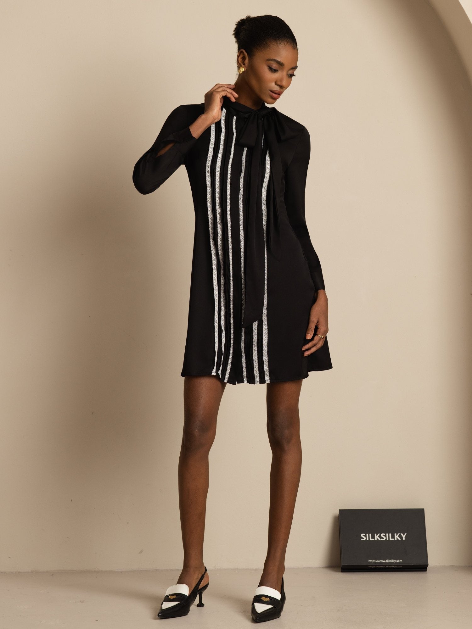 [Musta] SilkSilky-FI 19Momme Silkki Pitkähihainen Solmukaulus Mekko 001