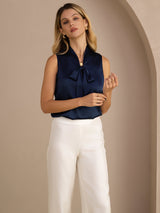 [Tummansininen] SilkSilky-FI Sleeveless Tie Neck Camisole Top 006