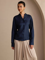 [Tummansininen] SilkSilky-FI Long Sleeve Blouse 004