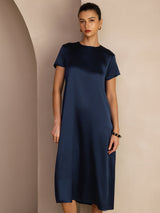[Tummansininen] SilkSilky-FI Short Sleeve Round Neck Mekko 005