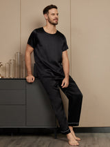 [Musta] SilkSilky-FI Pure Silk Short Sleeve Round Neck Miesten Pyjamat 005