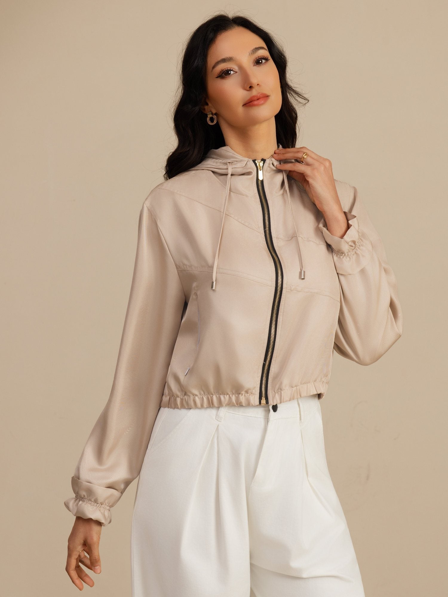 [Tan] SilkSilky-FI 18Momme Pitkähihainen Korkea Kaulus Naisten Päällysvaatteet 003