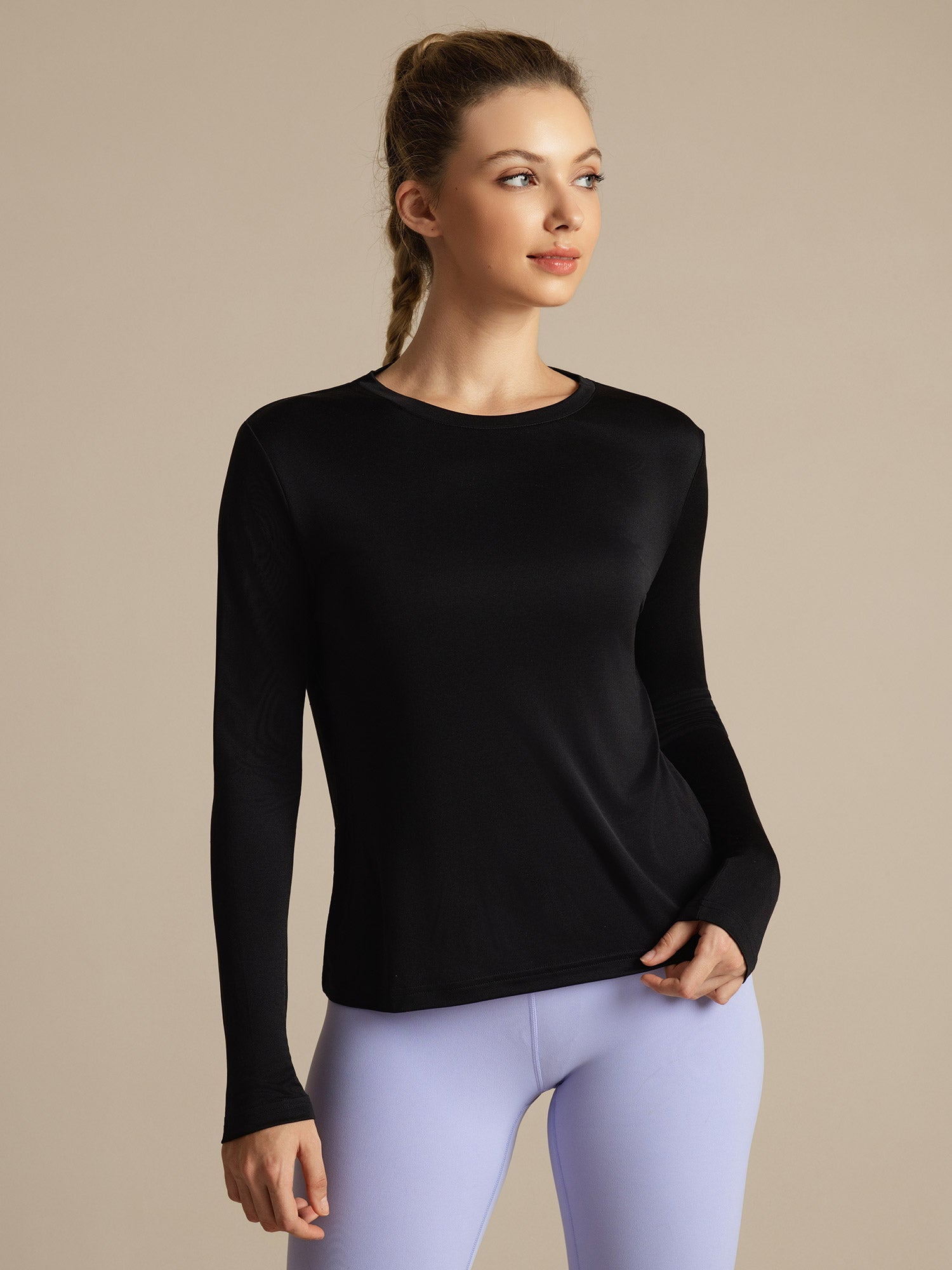 [Musta] SilkSilky-FI Pitkähihainen Tiukka Crew Neck Naisten T-paita 004