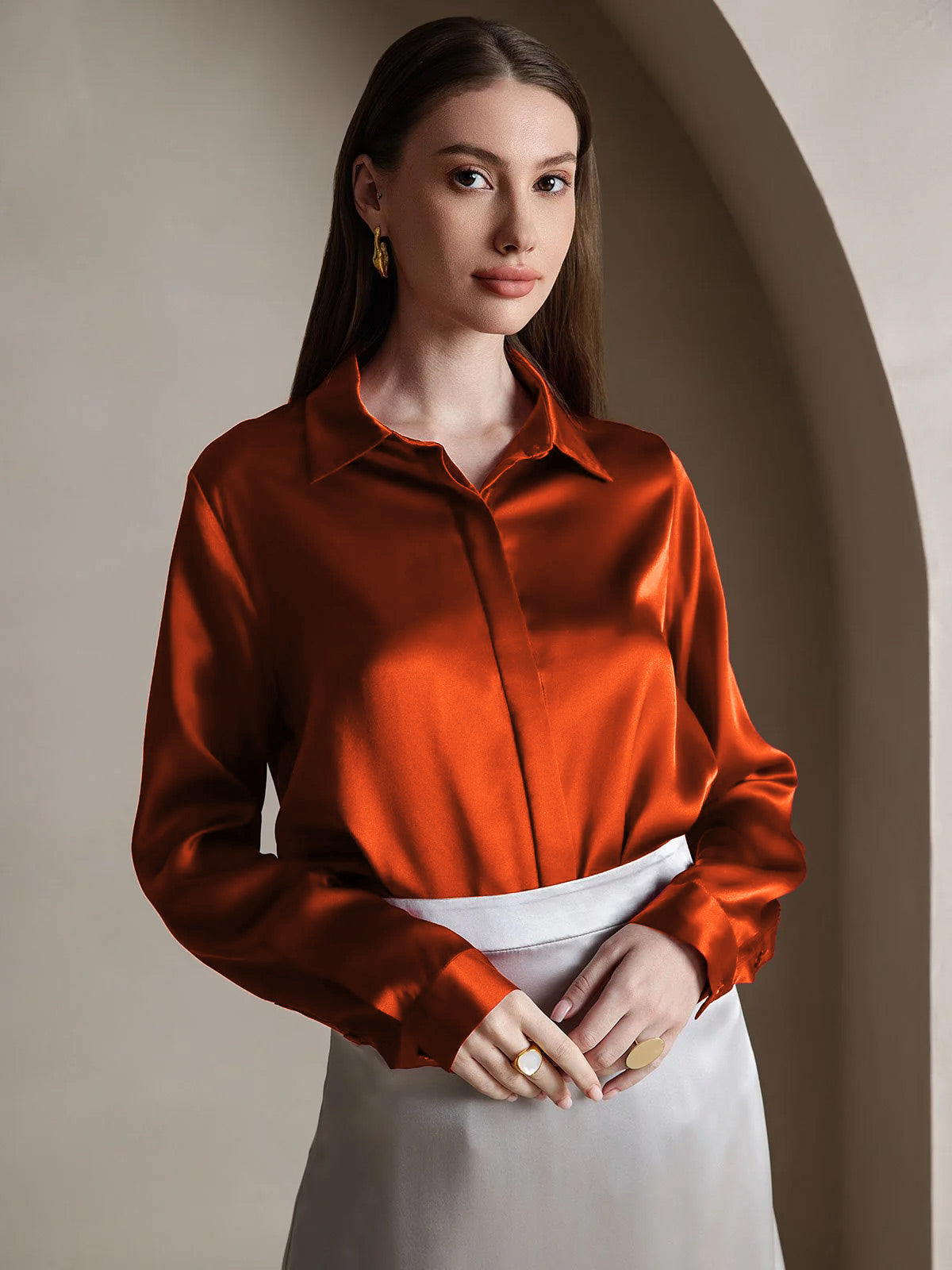 [Karamelli] SilkSilky-FI 19Momme Lapel Collar Naisten paita 001