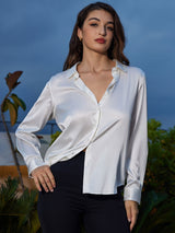 [Valkoinen] SilkSilky-FI Long Sleeve Lapel Collar Naisten paita 001