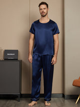 [Tummansininen] SilkSilky-FI Pure Silk Short Sleeve Round Neck Miesten Pyjamat 003