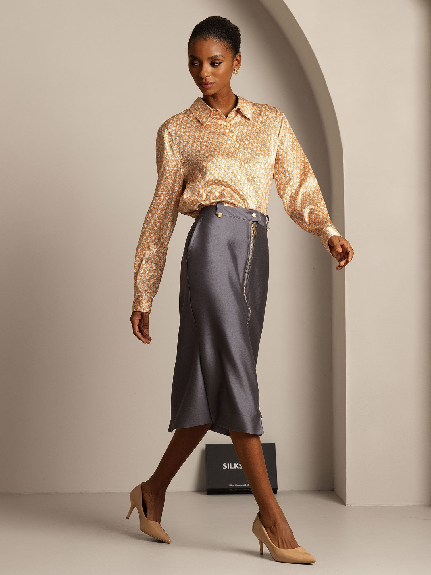 [Harmaa] SilkSilky-FI 32Momme Silk-Wool Blend Skirt 006,