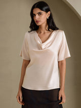 [Beige] SilkSilky-FI Short Sleeve Cowl Neck Naisten Puserot 003