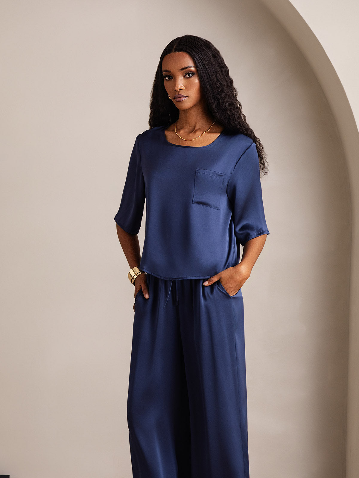 [Tummansininen] SilkSilky-FI Womens Pajamas 003