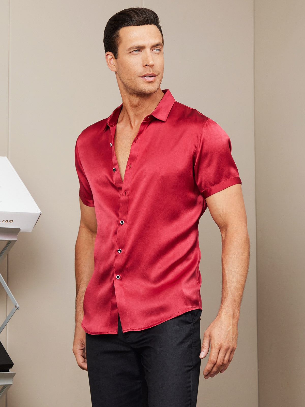 [Punainen] SilkSilky-FI Silk Short Sleeve Collar Miesten Paita 006