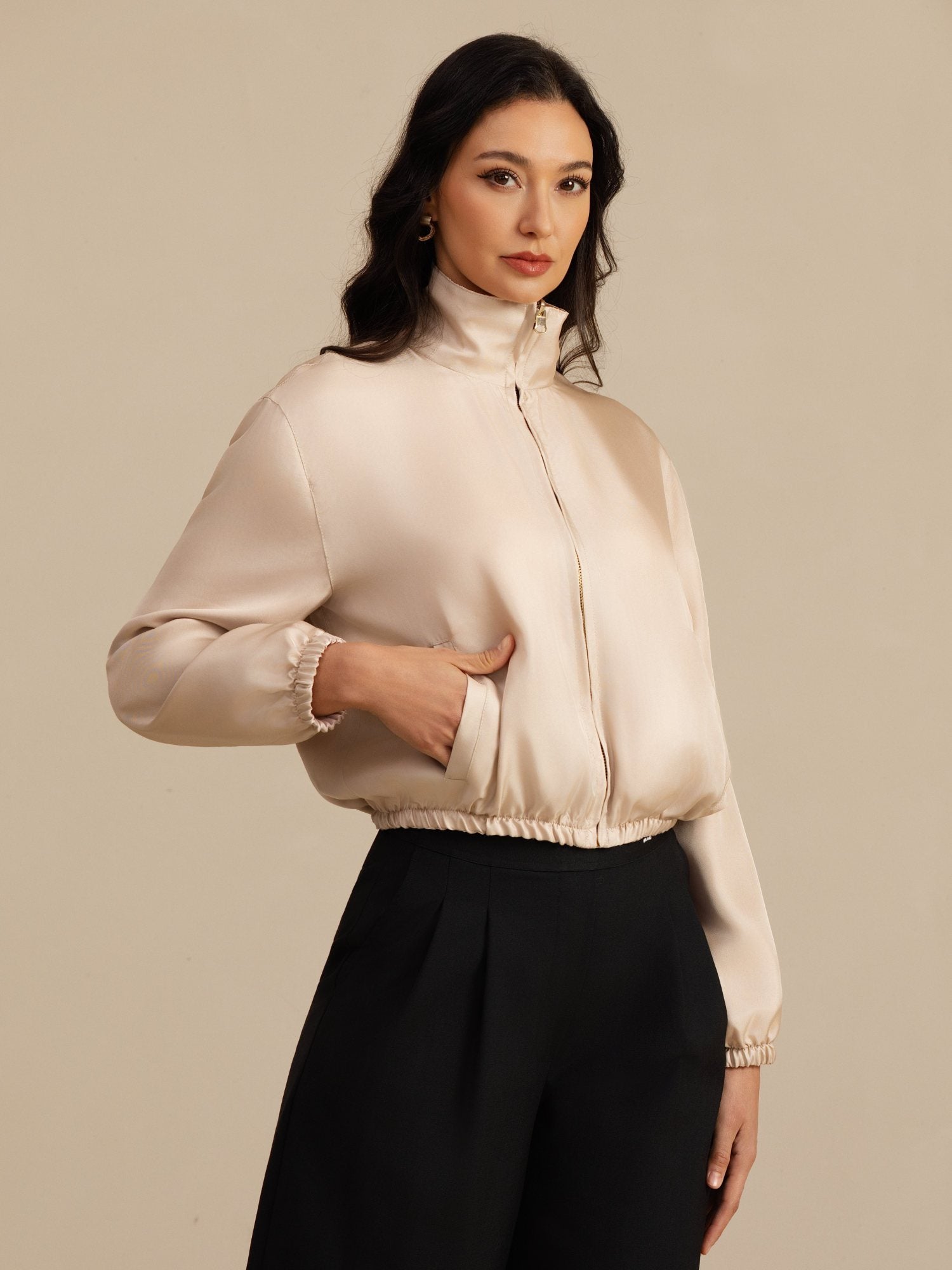 [Tan+Pinkki] SilkSilky-FI 18Momme Pitkähihainen Pystykaulus Naisten Päällysvaatteet 004