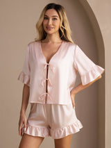 [Pinkki] SilkSilky-FI Short Sleeve V Neck Naisten Pyjamat 003