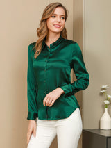 [Tummanvihreä] SilkSilky-FI Long Sleeve Lapel Collar Naisten paita 003