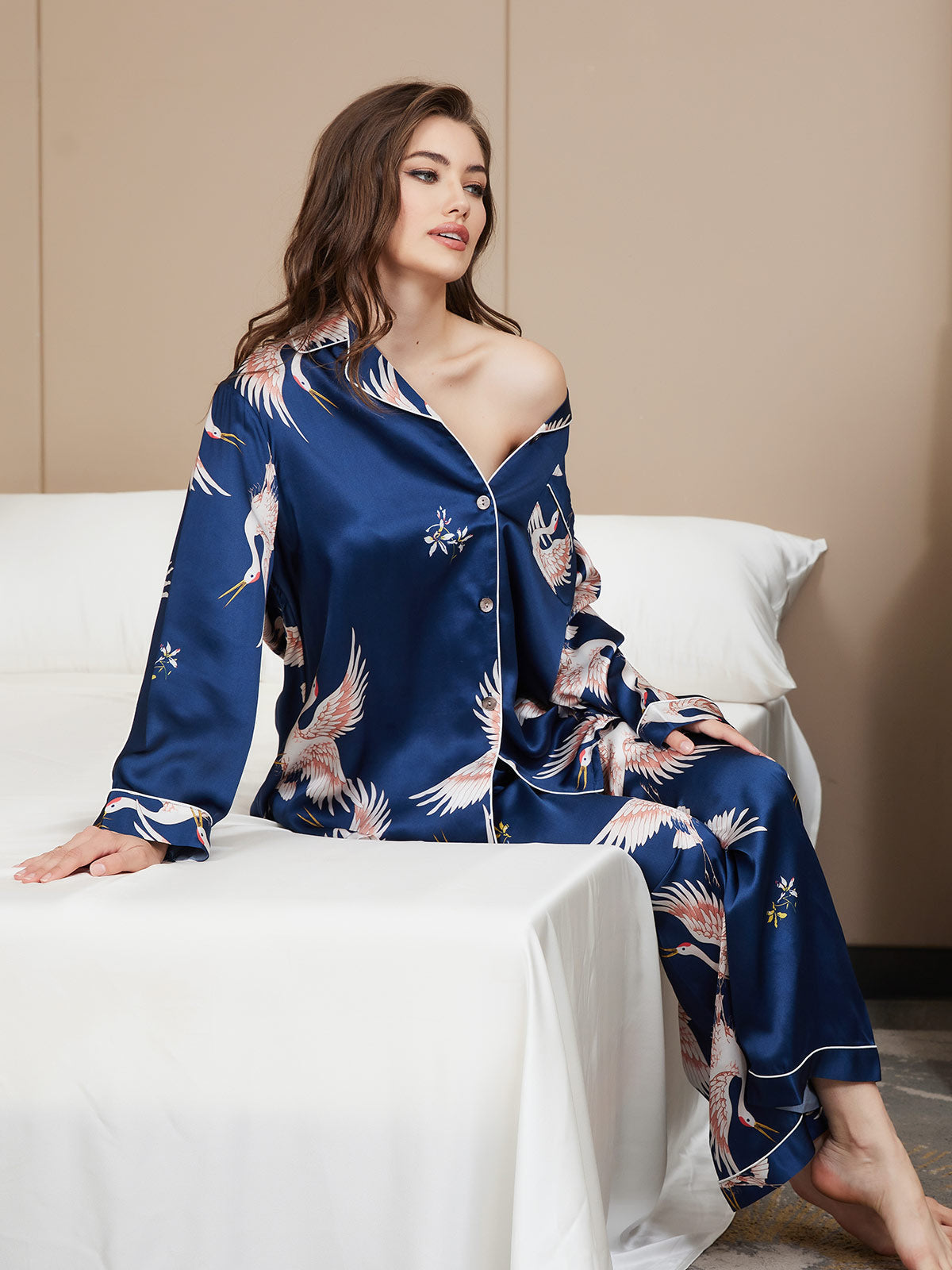 [Tummansininen] SilkSilky-FI 19Momme Pure Silk Long Sleeve Lapel Naisten Pyjamat 002