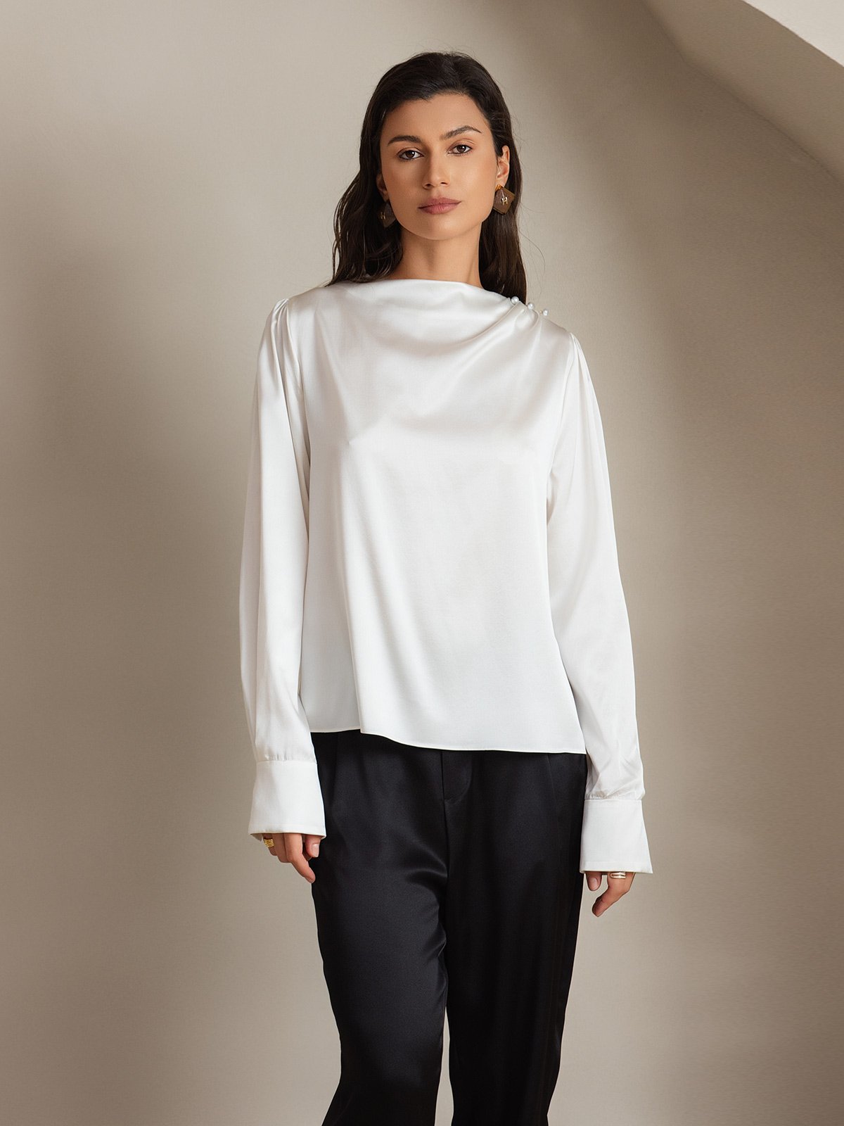 [Valkoinen] SilkSilky-FI 19Momme Womens Shirt 006