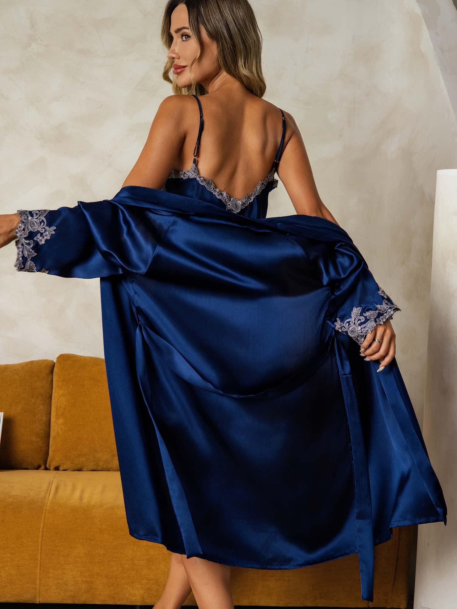 [Tummansininen] SilkSilky-FI Nightgown&Robe Set 002
