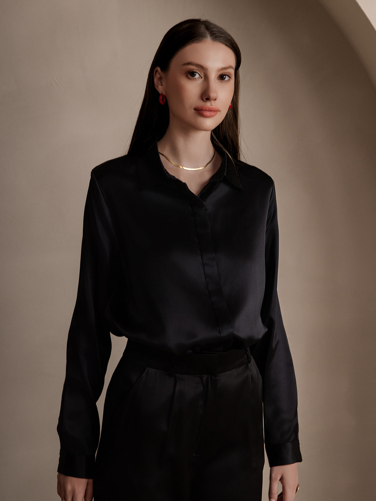[Musta] SilkSilky-FI 19Momme Lapel Collar Naisten paita 004
