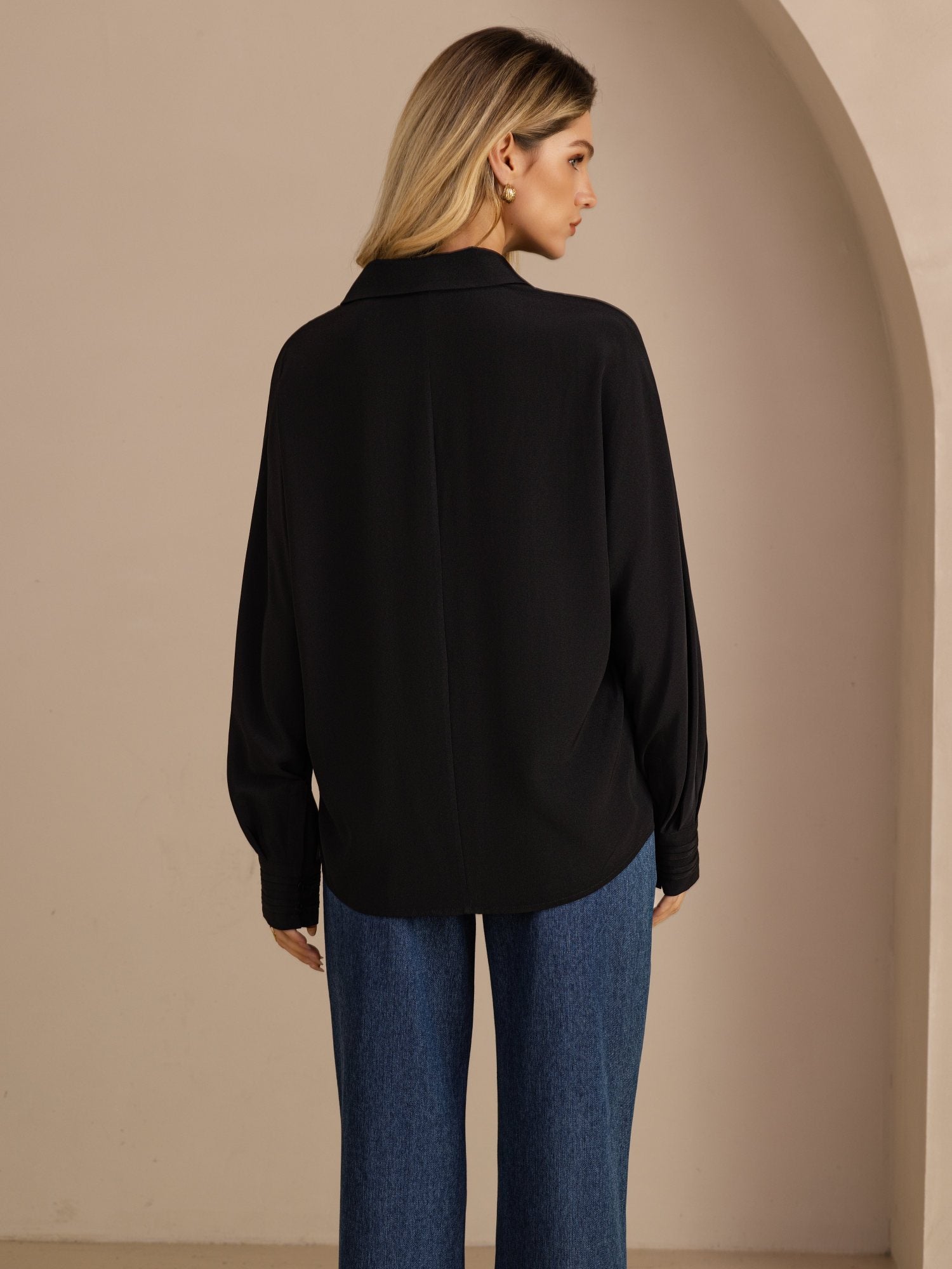 [Musta] SilkSilky-FI Long Sleeve Lapel Collar Naisten paita 002