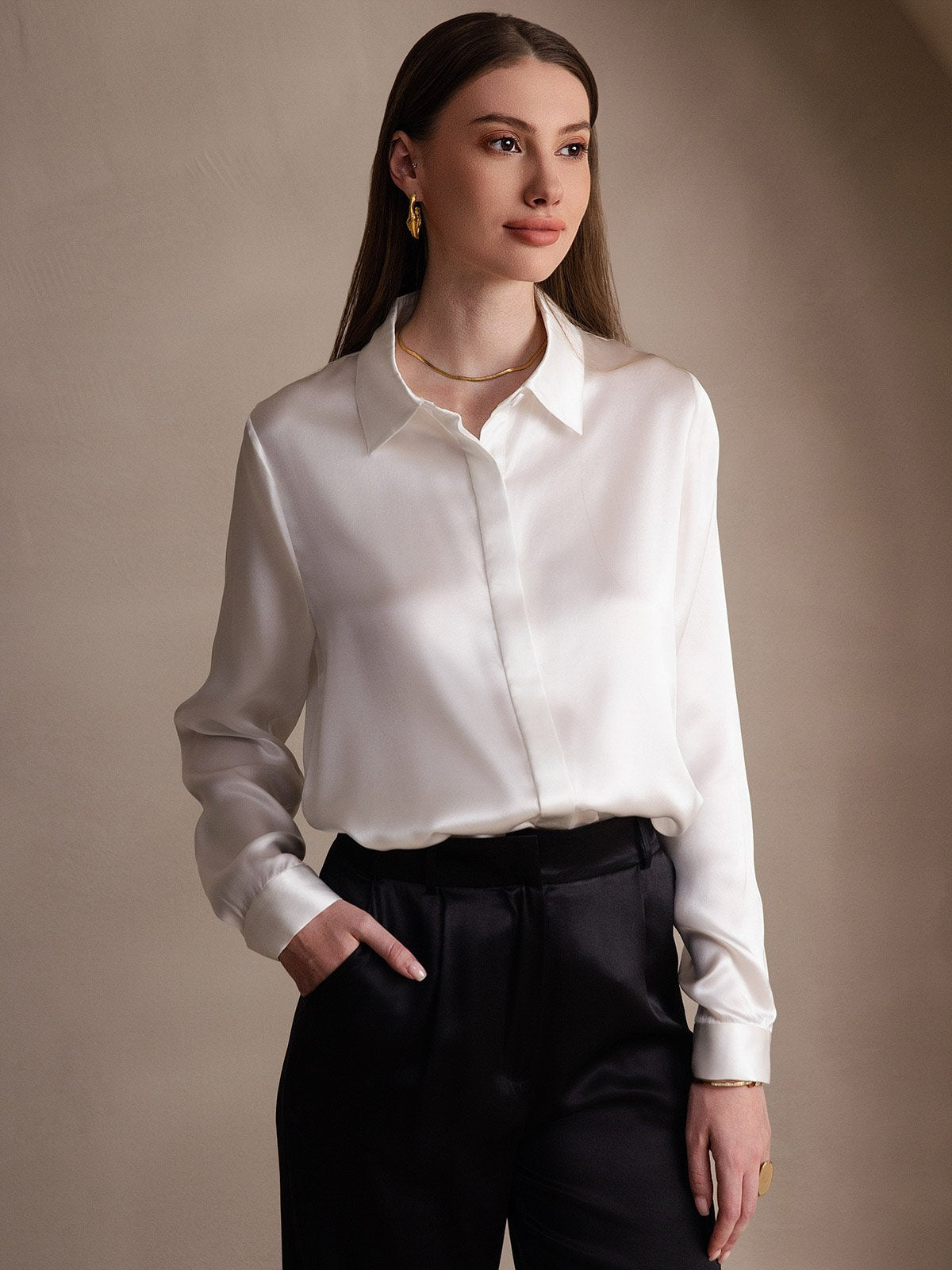 [Valkoinen] SilkSilky-FI Long Sleeve Lapel Collar Naisten paita 001
