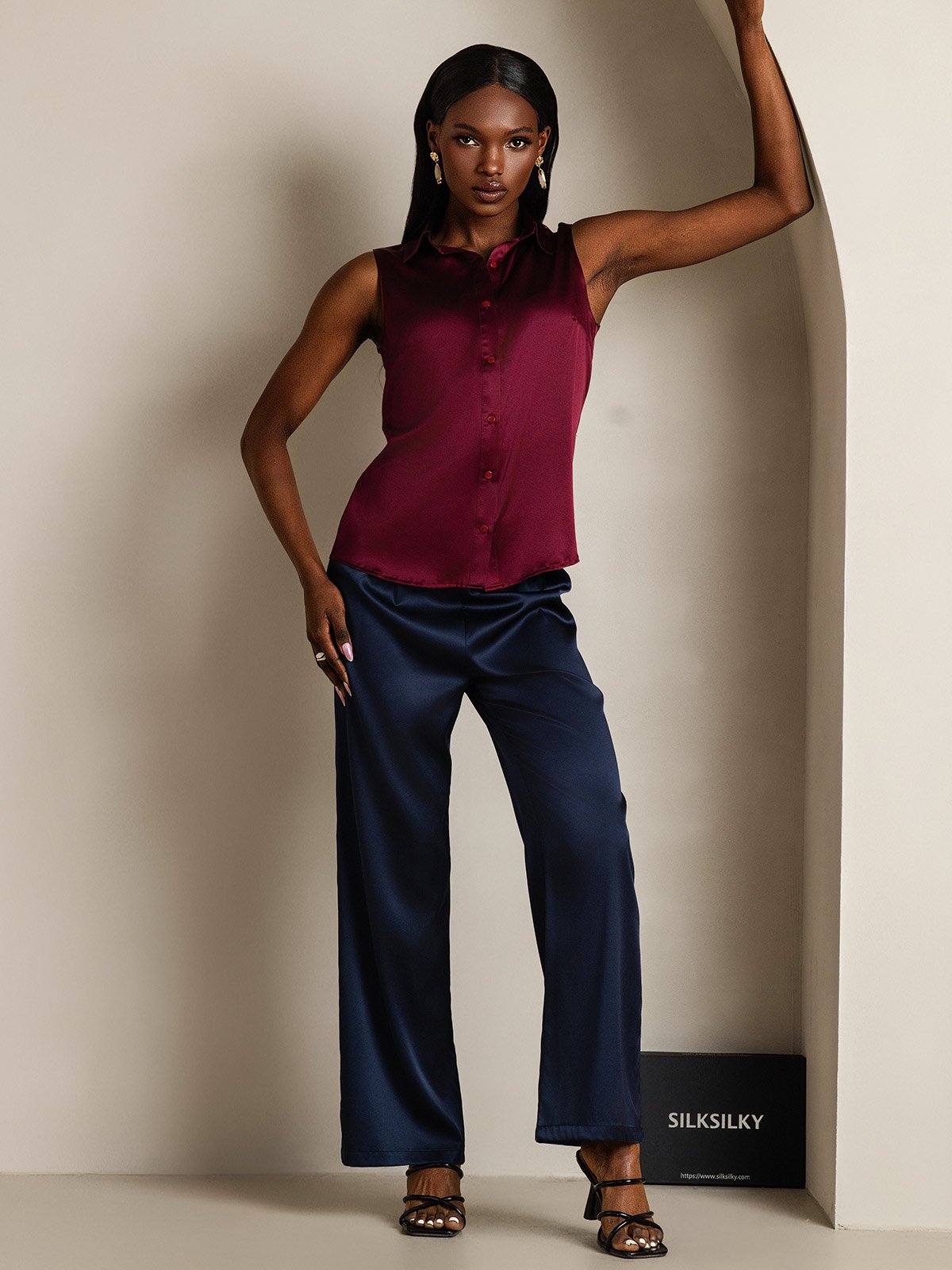 SilkSilky-FI 19Momme Womens Shirt Tummanpunainen 005