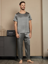 [Tumman Harmaa] SilkSilky-FI Pure Silk Short Sleeve Round Neck Miesten Pyjamat 001