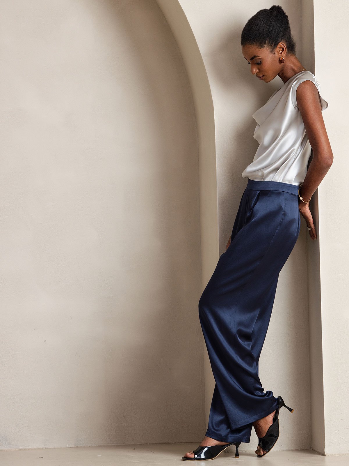 [Tummansininen] SilkSilky-FI 19Momme Womens Pants 007