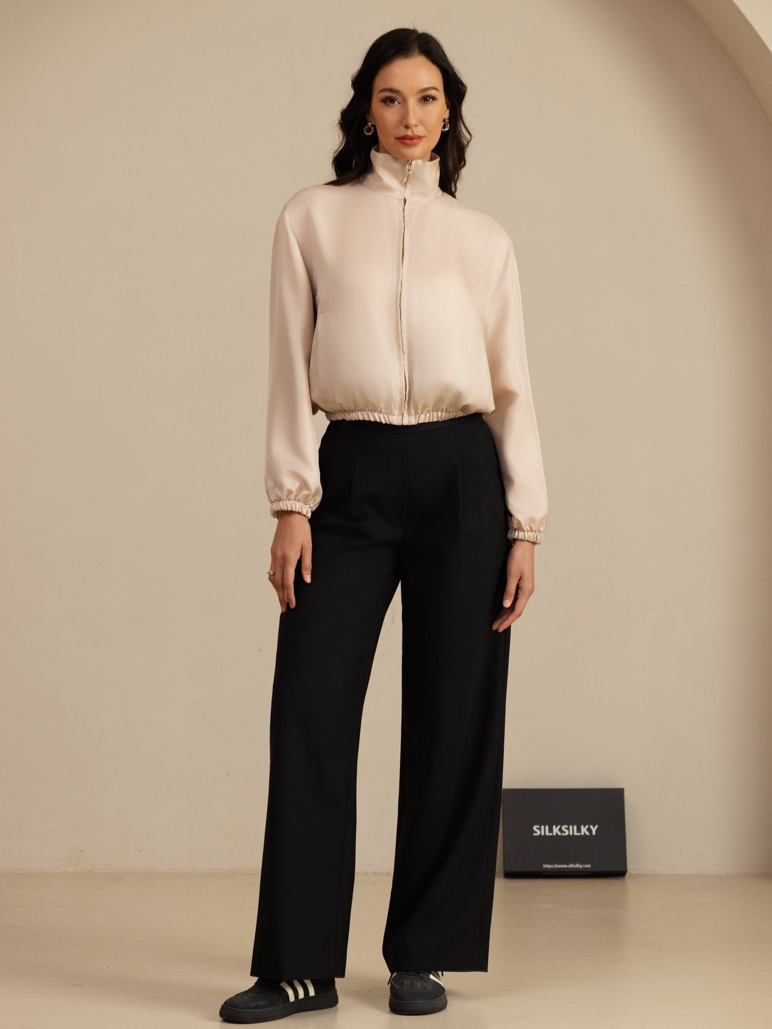 [Tan+Pinkki] SilkSilky-FI 18Momme Pitkähihainen Pystykaulus Naisten Päällysvaatteet 007