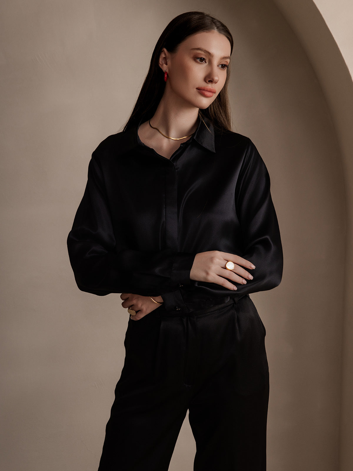 [Musta] SilkSilky-FI 19Momme Lapel Collar Naisten paita 003