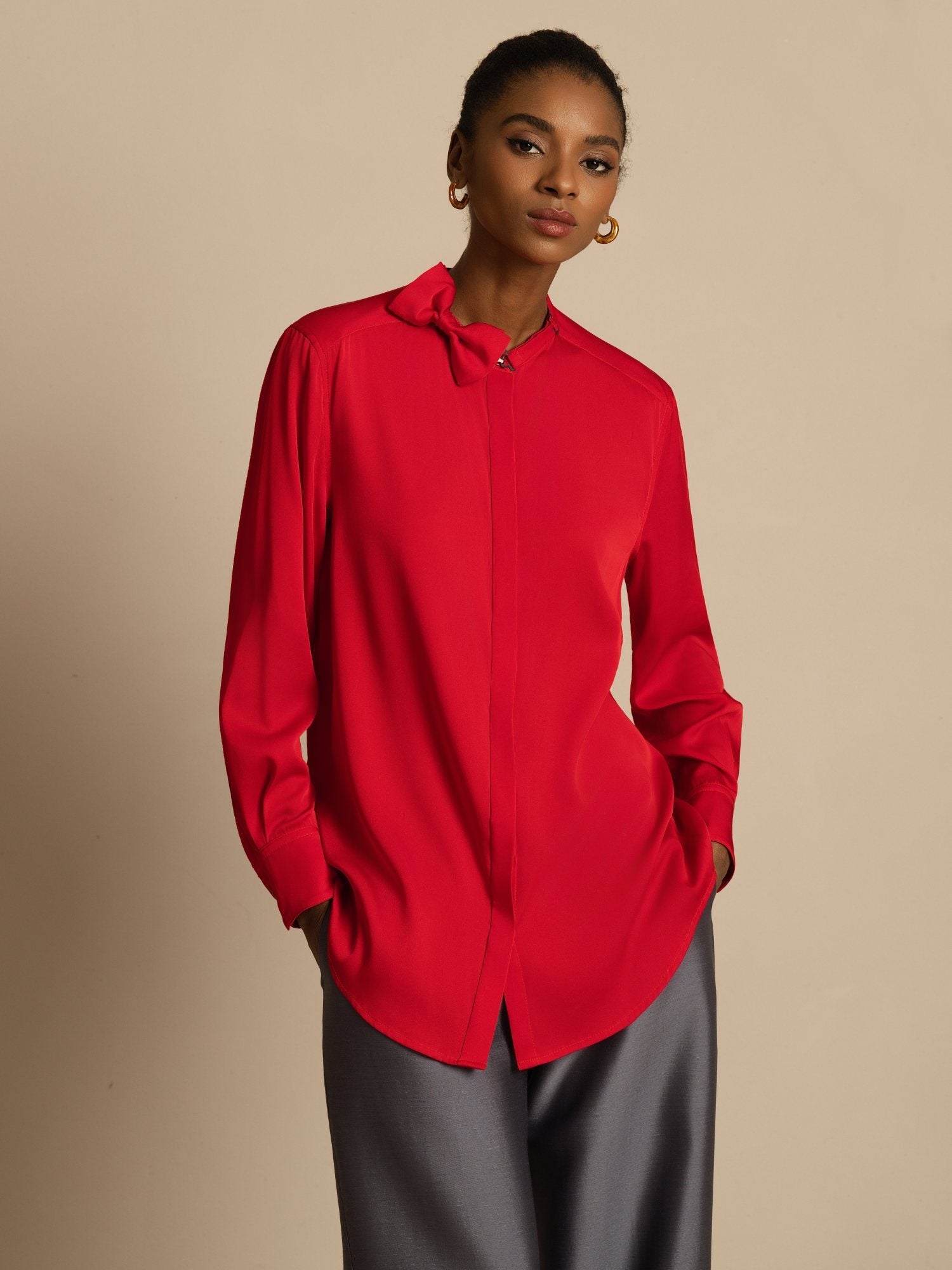 [Viini] SilkSilky-FI 19Momme Silkki Pitkähihainen Pystykaulus Pusero 001