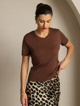 [Kahvi] SilkSilky-FI Short Sleeve V Neck Naisten T-paita 003