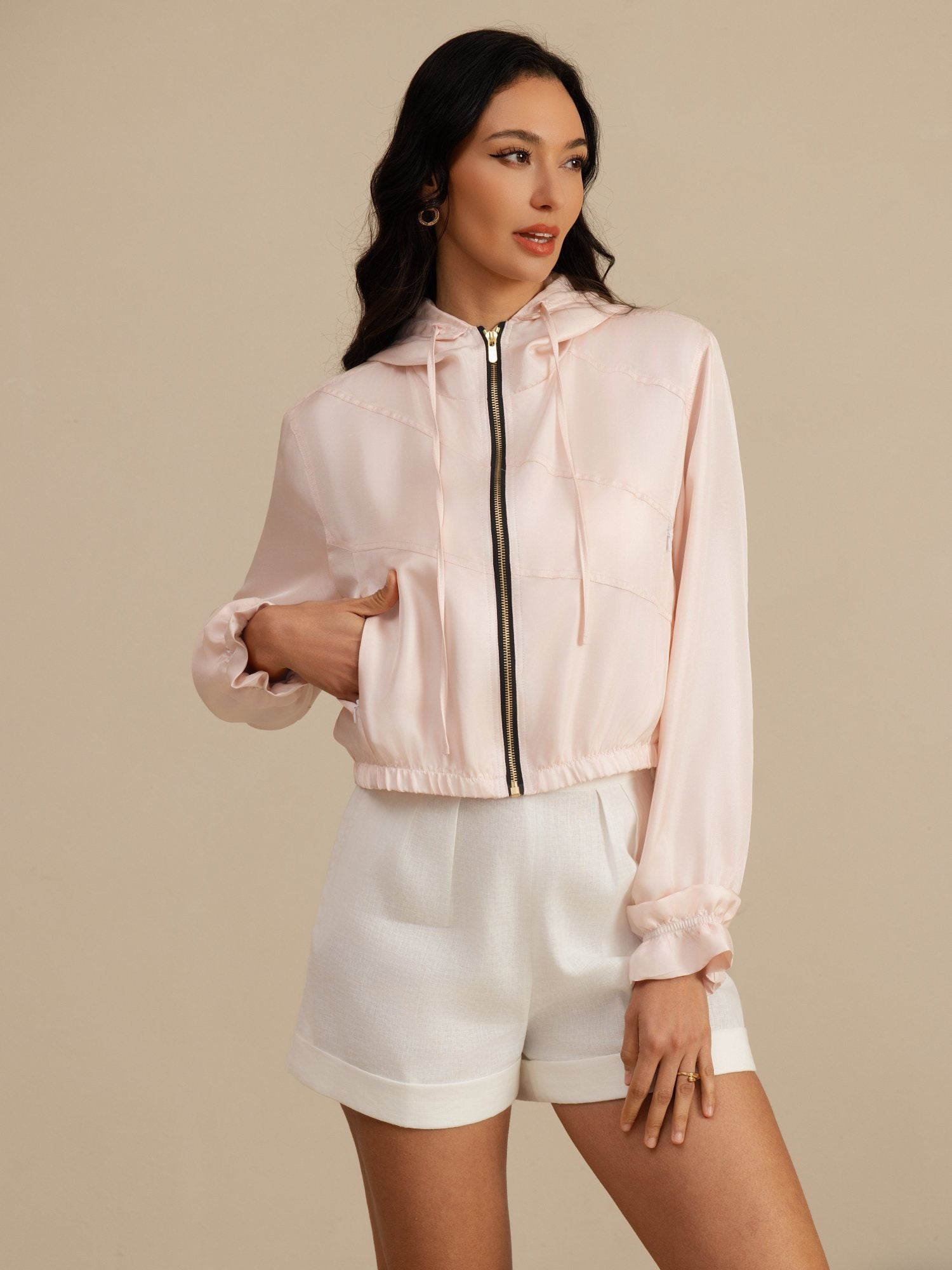 [Pinkki] SilkSilky-FI 18Momme Pitkähihainen Korkea Kaulus Naisten Päällysvaatteet 003